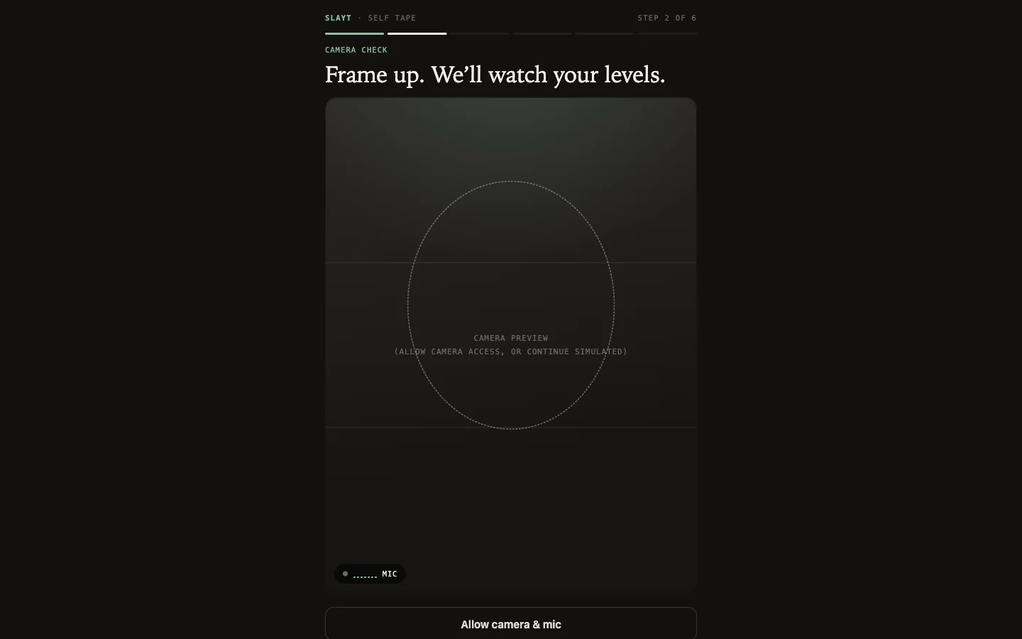 Camera check step with framing oval and live mic level meter