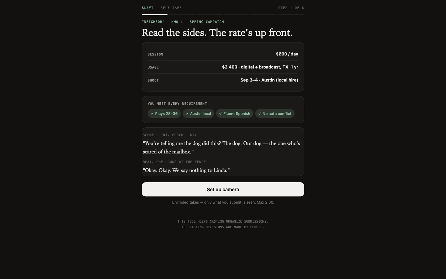 Slayt self-tape screen: rate shown first, requirements confirmed, sides on screen, Set up camera button