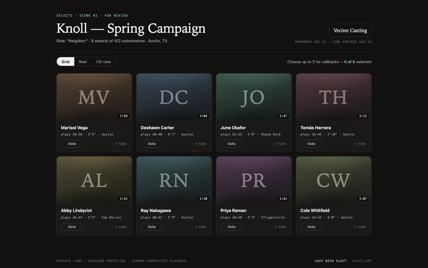 Slayt client screening room: a dark gallery of eight selects with vote buttons and a choose-up-to-five callback cap
