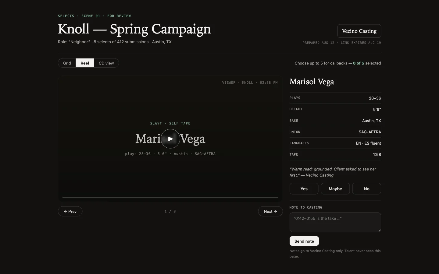 Screening room reel view: full player, actor specs, yes/maybe/no votes, private note to casting