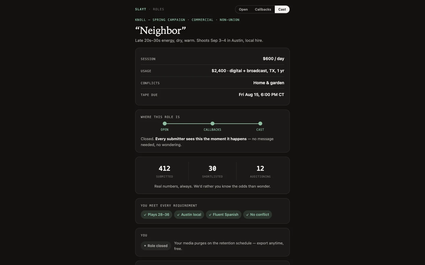 Role view after casting closes: completed timeline and the closure message every submitter sees