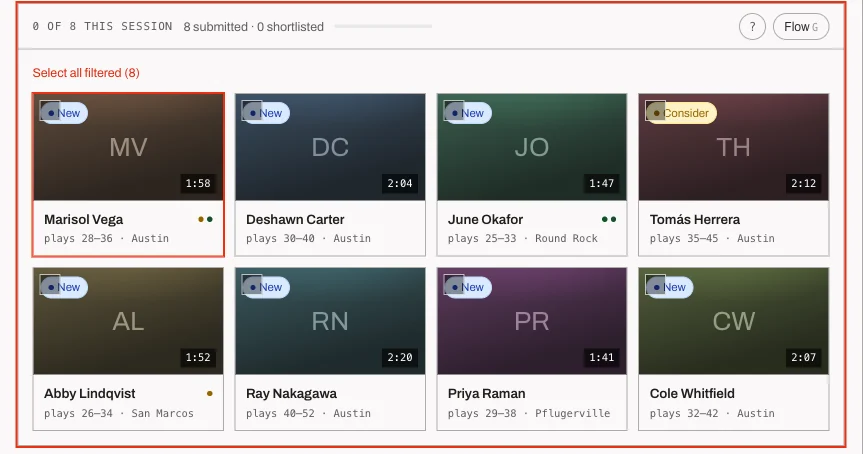 Contact-sheet grid view of the tape queue with status chips
